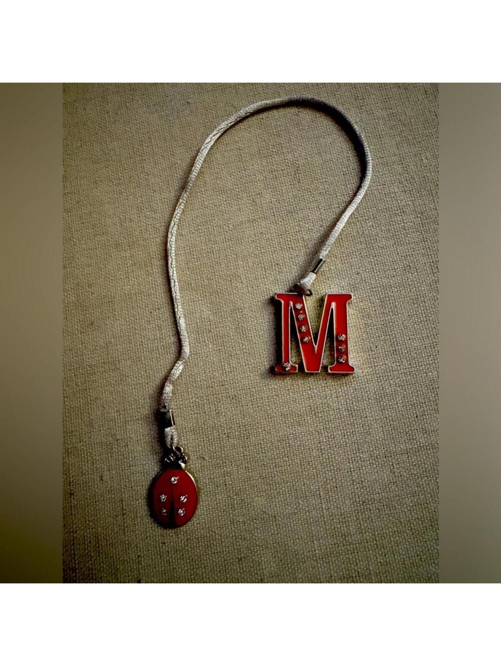 Ladybug with M bookmark w crystals and silver silk cord NWOT